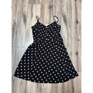 Gap Floral Print Black Dress Size 14 Rouched Back BabyDoll Whimsy Goth Coquette